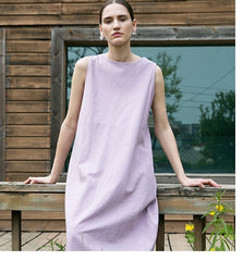 Sleeveless A-Line Linen Midi Dress with Clean Seams and Flowy Silhouette for Women