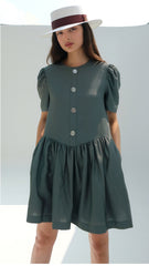 Linen Midi Dress With Wide Collar Neckline, Front Button Detailing, And Sleeveless Design