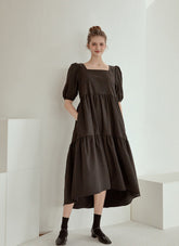 Tiered Cotton Poplin Puff Sleeve Dress with Square Neckline and High-Low Hemline for Women