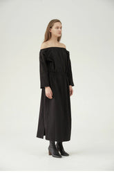 Soft Washed Linen Midi Dress with Elastic Waist and Boat Neckline – Natural Drape