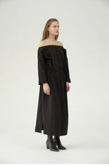 Soft Washed Linen Midi Dress with Elastic Waist and Boat Neckline – Natural Drape