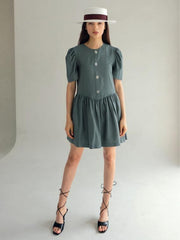 Linen Midi Dress With Wide Collar Neckline, Front Button Detailing, And Sleeveless Design