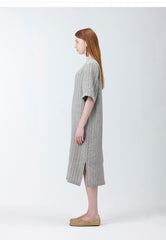 V-neck Short Sleeve Midi Linen Dress for Women with Side Slit and Relaxed Fit