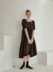 Tiered Cotton Poplin Puff Sleeve Dress with Square Neckline and High-Low Hemline for Women
