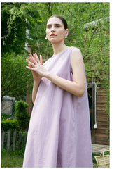 Sleeveless A-Line Linen Midi Dress with Clean Seams and Flowy Silhouette for Women