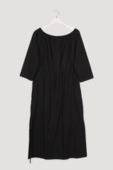 Soft Washed Linen Midi Dress with Elastic Waist and Boat Neckline – Natural Drape
