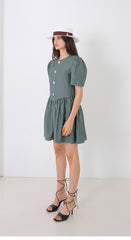 Linen Midi Dress With Wide Collar Neckline, Front Button Detailing, And Sleeveless Design
