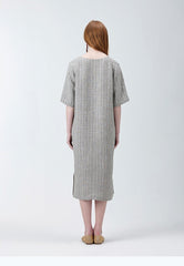 V-neck Short Sleeve Midi Linen Dress for Women with Side Slit and Relaxed Fit