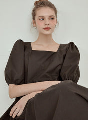 Tiered Cotton Poplin Puff Sleeve Dress with Square Neckline and High-Low Hemline for Women