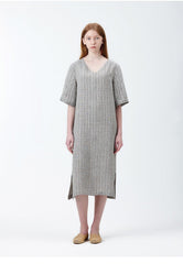 V-neck Short Sleeve Midi Linen Dress for Women with Side Slit and Relaxed Fit
