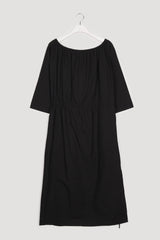 Soft Washed Linen Midi Dress with Elastic Waist and Boat Neckline – Natural Drape