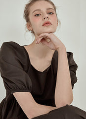 Tiered Cotton Poplin Puff Sleeve Dress with Square Neckline and High-Low Hemline for Women