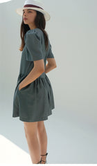 Linen Midi Dress With Wide Collar Neckline, Front Button Detailing, And Sleeveless Design