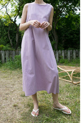 Sleeveless A-Line Linen Midi Dress with Clean Seams and Flowy Silhouette for Women