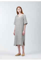 V-neck Short Sleeve Midi Linen Dress for Women with Side Slit and Relaxed Fit