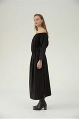 Soft Washed Linen Midi Dress with Elastic Waist and Boat Neckline – Natural Drape