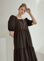 Tiered Cotton Poplin Puff Sleeve Dress with Square Neckline and High-Low Hemline for Women
