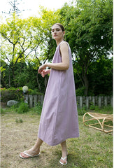 Sleeveless A-Line Linen Midi Dress with Clean Seams and Flowy Silhouette for Women