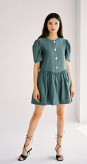 Linen Midi Dress With Wide Collar Neckline, Front Button Detailing, And Sleeveless Design