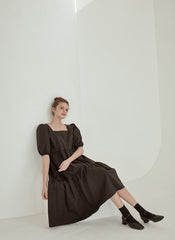 Tiered Cotton Poplin Puff Sleeve Dress with Square Neckline and High-Low Hemline for Women