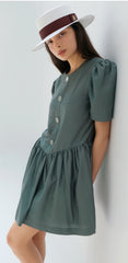 Linen Midi Dress With Wide Collar Neckline, Front Button Detailing, And Sleeveless Design