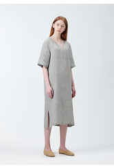 V-neck Short Sleeve Midi Linen Dress for Women with Side Slit and Relaxed Fit