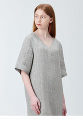 V-neck Short Sleeve Midi Linen Dress for Women with Side Slit and Relaxed Fit