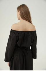 Soft Washed Linen Midi Dress with Elastic Waist and Boat Neckline – Natural Drape