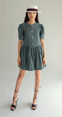 Linen Midi Dress With Wide Collar Neckline, Front Button Detailing, And Sleeveless Design
