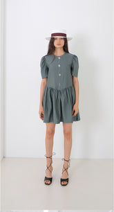 Linen Midi Dress With Wide Collar Neckline, Front Button Detailing, And Sleeveless Design