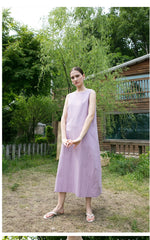 Sleeveless A-Line Linen Midi Dress with Clean Seams and Flowy Silhouette for Women