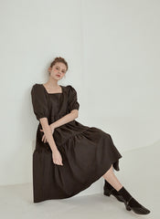 Tiered Cotton Poplin Puff Sleeve Dress with Square Neckline and High-Low Hemline for Women