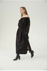 Soft Washed Linen Midi Dress with Elastic Waist and Boat Neckline – Natural Drape