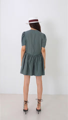 Linen Midi Dress With Wide Collar Neckline, Front Button Detailing, And Sleeveless Design