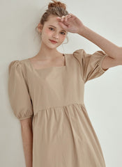 Puff Sleeve Cotton Poplin Midi Dress with Tiered Hem and Flattering High-Low Silhouette