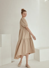 Puff Sleeve Cotton Poplin Midi Dress with Tiered Hem and Flattering High-Low Silhouette