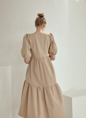 Puff Sleeve Cotton Poplin Midi Dress with Tiered Hem and Flattering High-Low Silhouette