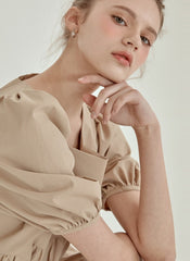 Puff Sleeve Cotton Poplin Midi Dress with Tiered Hem and Flattering High-Low Silhouette