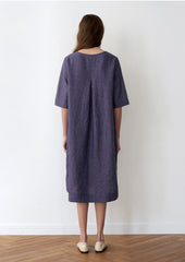 Relaxed Fit Linen Midi Dress for Women with Short Sleeves and Side Slits