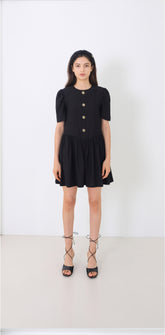 Puff Sleeve Linen Midi Dress with Square Neckline and Gathered Waist Detail