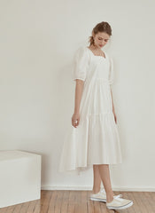 Tiered Cotton Poplin Midi Dress with Puff Sleeves and Square Neckline for Modern Elegance