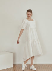 Tiered Cotton Poplin Midi Dress with Puff Sleeves and Square Neckline for Modern Elegance