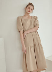 Puff Sleeve Cotton Poplin Midi Dress with Tiered Hem and Flattering High-Low Silhouette