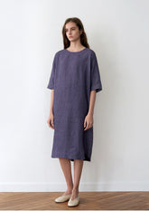Relaxed Fit Linen Midi Dress for Women with Short Sleeves and Side Slits