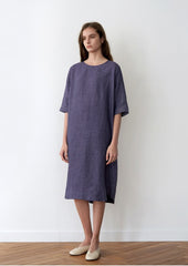 Relaxed Fit Linen Midi Dress for Women with Short Sleeves and Side Slits