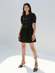 Puff Sleeve Linen Midi Dress with Square Neckline and Gathered Waist Detail