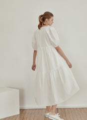 Tiered Cotton Poplin Midi Dress with Puff Sleeves and Square Neckline for Modern Elegance