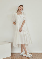 Tiered Cotton Poplin Midi Dress with Puff Sleeves and Square Neckline for Modern Elegance