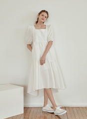 Tiered Cotton Poplin Midi Dress with Puff Sleeves and Square Neckline for Modern Elegance
