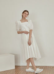 Tiered Cotton Poplin Midi Dress with Puff Sleeves and Square Neckline for Modern Elegance